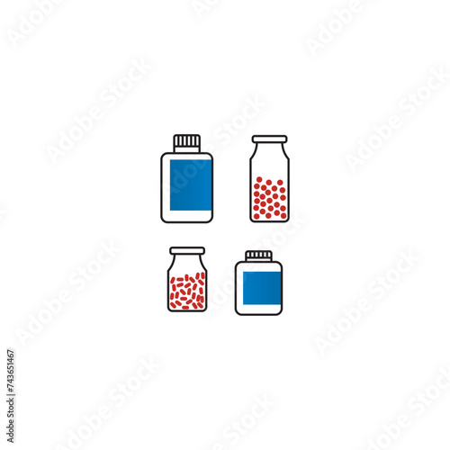 Set of 4 blue, red medication bottle with capsules icons - simplified vector illustration elements to use in web and product design, advertisement and more.