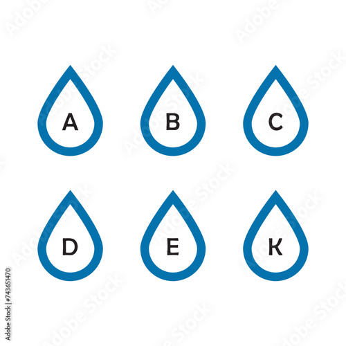 Set of 6 blue vitamin icons - A, B, C, D, E, K - simple drop icon illustration, graphic element for products, supplements, web design and more.