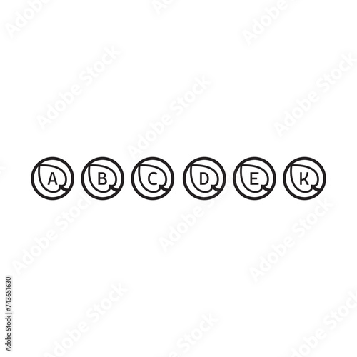 Set of 6 black vitamin icons - A, B, C, D, E, K - simple leaf icon illustration, graphic element for products, supplements, web design and more.