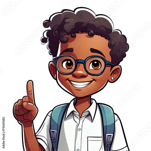 little black boy 10 years old, smile, looking at camera, school uniform, glasses, backpack, pupil points with his finger to the top, hand pointing empty place, isolated on white transparent background