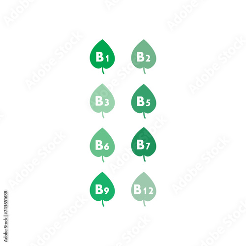 Set of 8 green vitamin icons -group B vitamins - B1, B2, B3, B5, B6, B7, B9, B12 - simple leaf icon illustration, graphic element for products, supplements, web design and more.