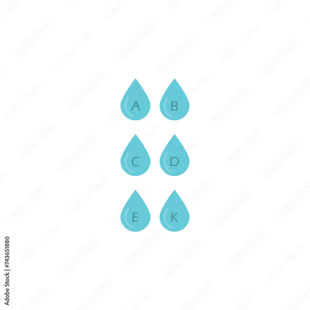 Set of 6 blue vitamin icons - A, B, C, D, E, K - simple drop icon illustration, graphic element for products, supplements, web design and more. Set of 6 blue vitamin icons - A, B, C, D, E, K - simple drop icon illustration, graphic element for products, supplements, web design and more.