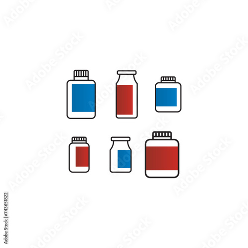 Set of 6 blue, red medication bottle icons - simplified vector illustration elements to use in web and product design, advertisement and more.
