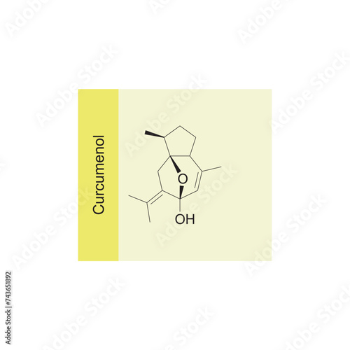 Curcumenol skeletal structure diagram.Sesquiterpene compound molecule scientific illustration on yellow background. photo