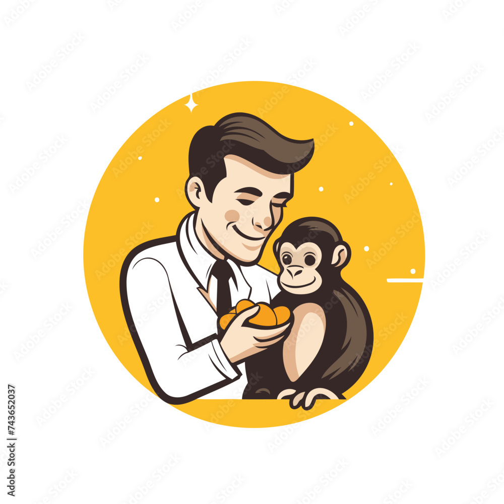 Monkey and a man. Vector illustration of a monkey and a man with an orange.