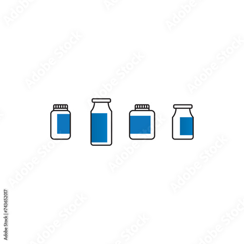 Set of 4 blue, red medication bottle icons - simplified vector illustration elements to use in web and product design, advertisement and more.