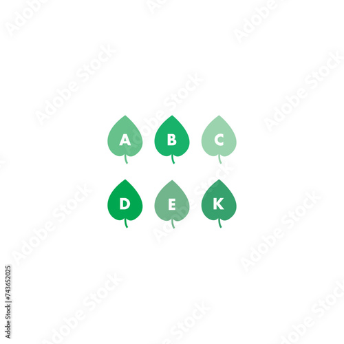 Set of 6 green vitamin icons - A, B, C, D, E, K - simple leaf icon illustration, graphic element for products, supplements, web design and more.