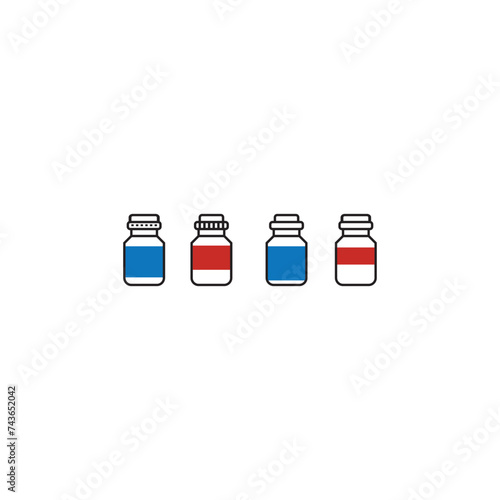 Set of 4 blue, red medication bottle icons - simplified vector illustration elements to use in web and product design, advertisement and more.