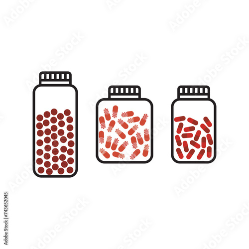 Set of 3 blue, red medication bottle with capsules icons - simplified vector illustration elements to use in web and product design, advertisement and more.
