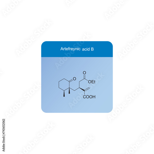 Artefreynic acid B skeletal structure diagram.Sesquiterpene compound molecule scientific illustration on blue background. photo