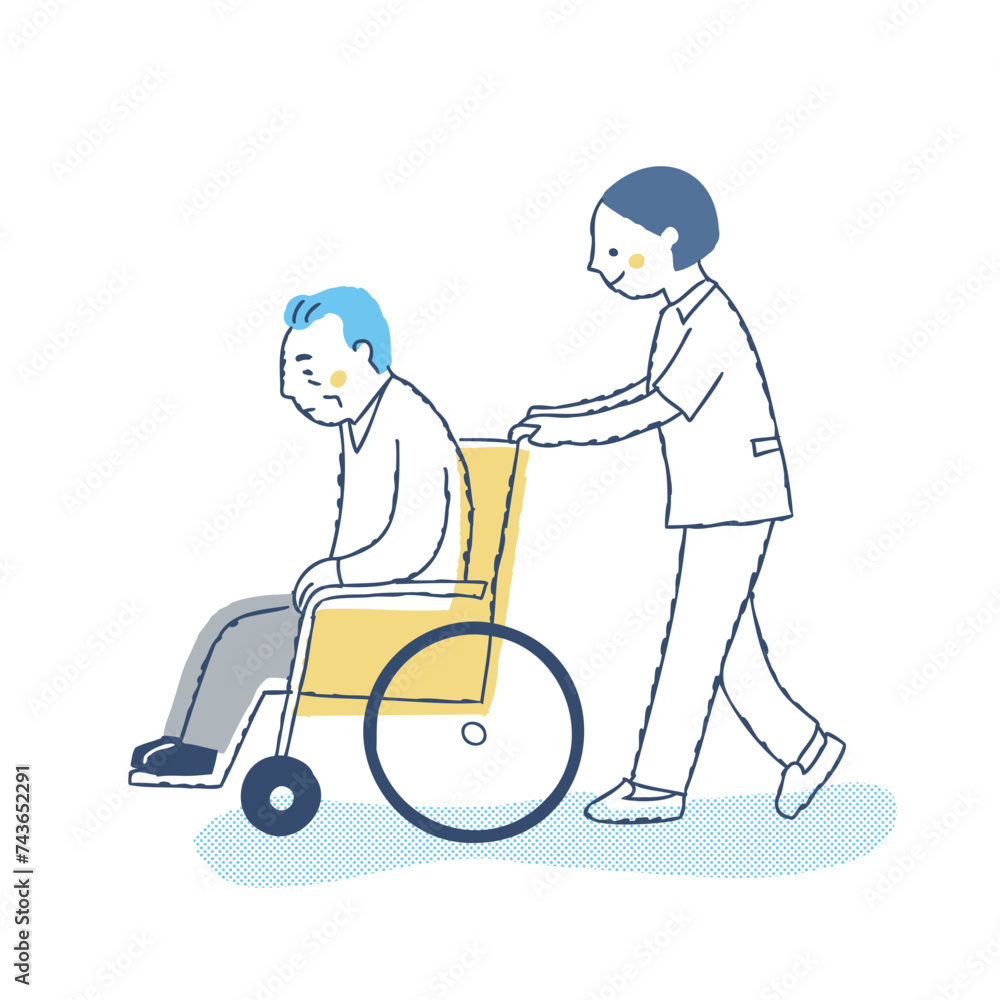 車椅子に乗ったシニア男性と女性看護師