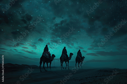 three wise men riding with camels on the desert starry night