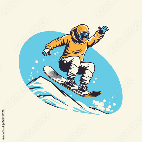 Snowboarder jumping in the air. Vector illustration in retro style