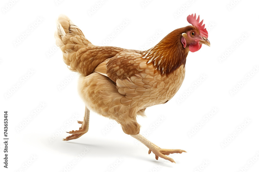 Fototapeta premium Running chicken hen on white background.