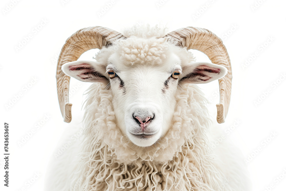Fototapeta premium close up of a white ram with horns isolated on white background