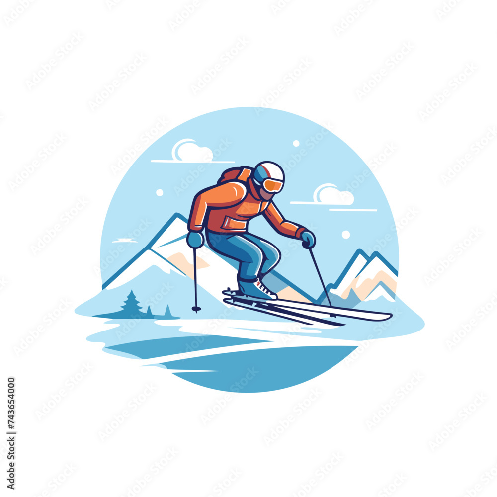 Ski resort logo with skier and mountains. Vector illustration.