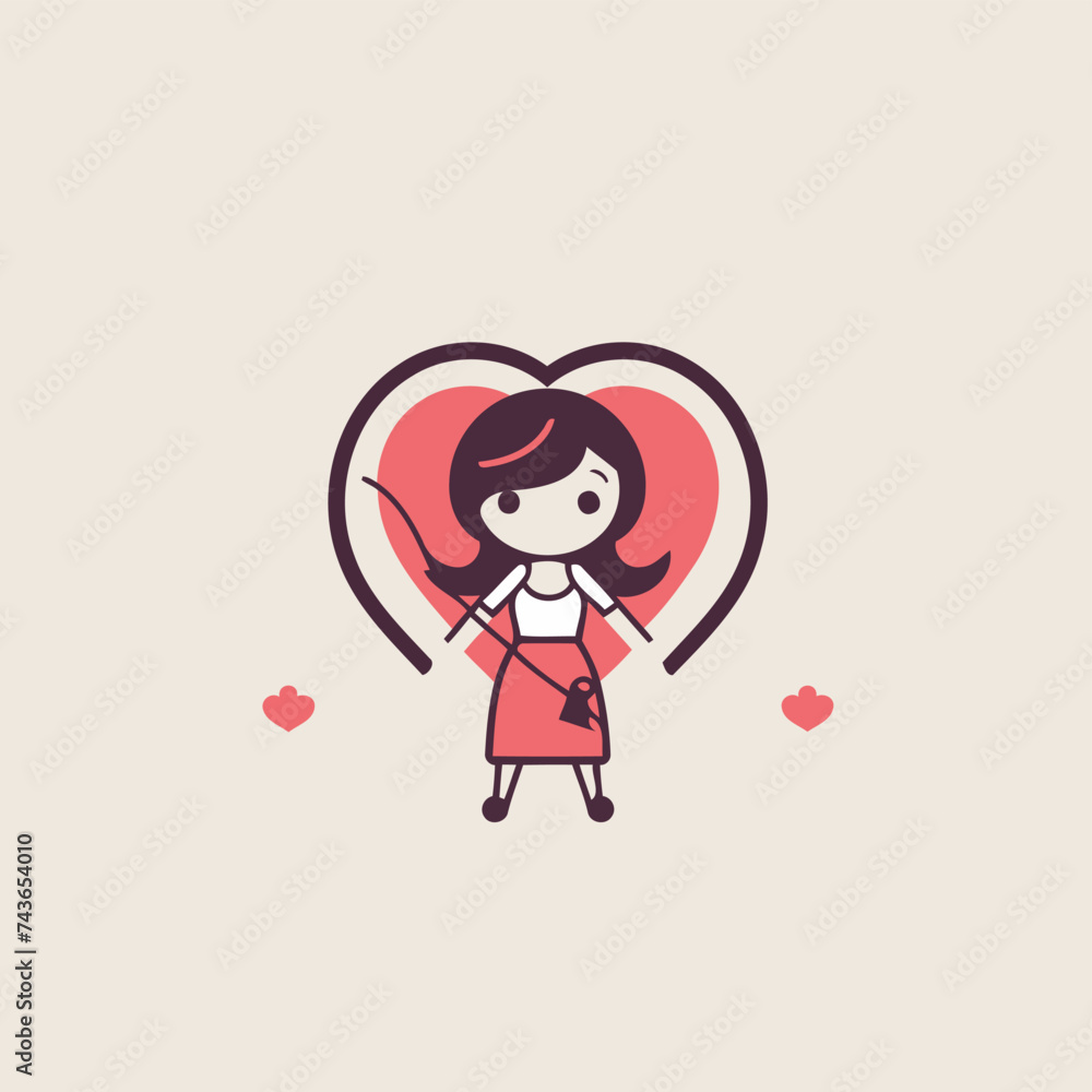 Cute girl cupid with bow and arrow in heart shape vector illustration