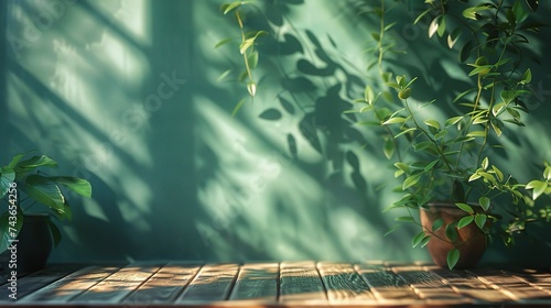 wood table green wall background with sunlight window create leaf shadow on wall with blur indoor green plant foreground.