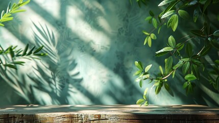 wood table green wall background with sunlight window create leaf shadow on wall with blur indoor green plant foreground