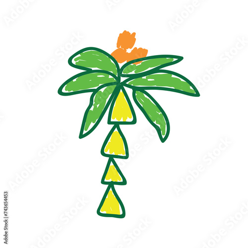Palm in a deliberately childish style. Child drawing. Sketch imitation painting felt-tip pen or marker. Cartoon Vector illustration.