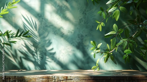 wood table green wall background with sunlight window create leaf shadow on wall with blur indoor green plant foreground