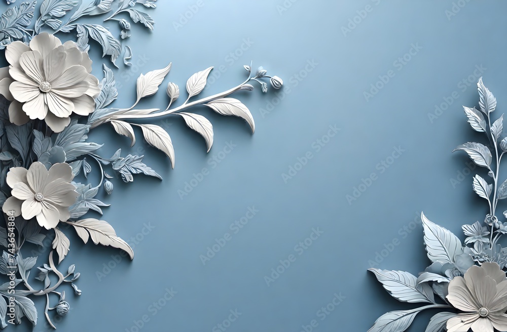 A light blue design background with ornamental flowers, AI generated - obrazy, fototapety, plakaty 