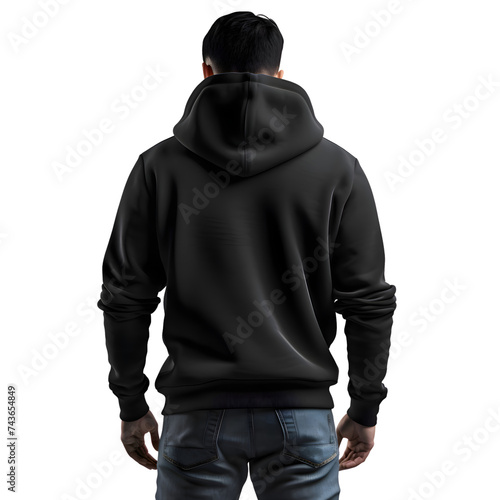 Man in a black hoodie on a white background. Back view