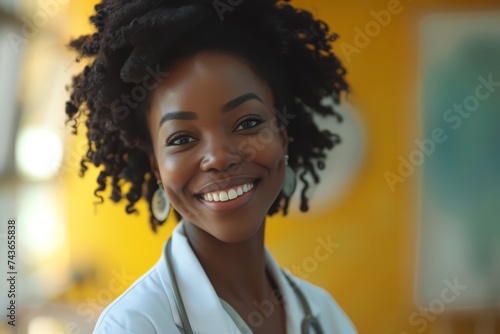 the smiling woman in her lab coat