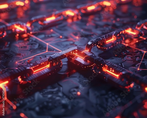 Futuristic Red Glowing Blockchain Chain on Digital Circuit Background