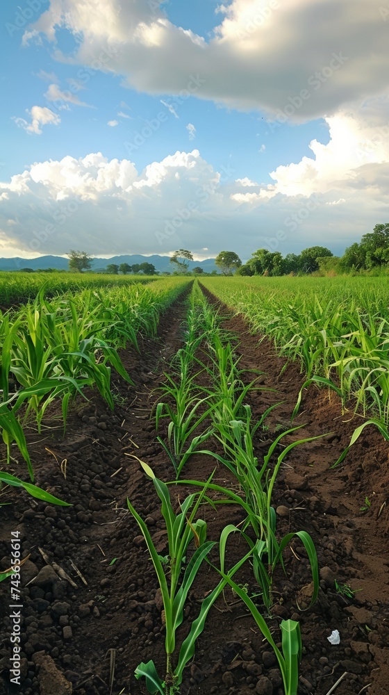 Lush Green Cornfield Under Blue Skies with Clouds