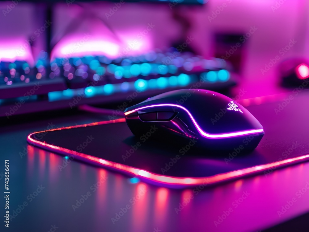 Neon Glow Gaming Mouse on Desk with RGB Keyboard in Background Neon Glow Gaming Mouse on Desk with RGB Keyboard in Background