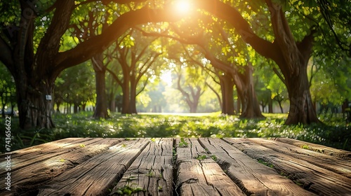 Wood table top on blur green background of trees in the park