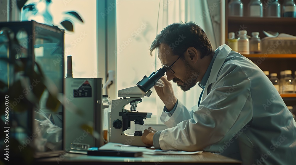 Dedicated scientist engrossed in research using a microscope. professional, modern laboratory setting. focus, discovery, innovation in science. AI Dedicated scientist engrossed in research using a microscope. professional, modern laboratory setting. focus, discovery, innovation in science. AI