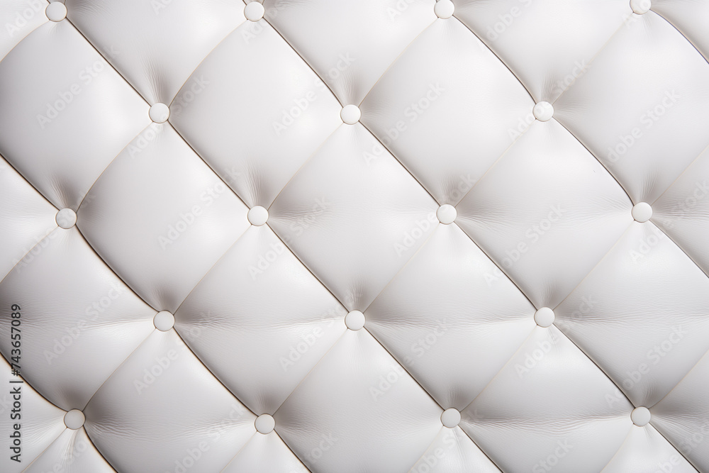 White leather upholstery. Close-up texture of genuine leather with white rhombic stitching. White leather upholstery. Close-up texture of genuine leather with white rhombic stitching.