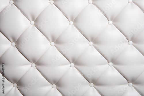 White leather upholstery. Close-up texture of genuine leather with white rhombic stitching.