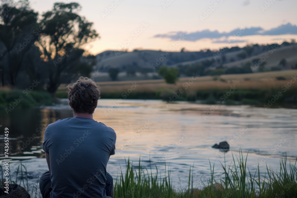 A lonely man looks into the distance. Beautiful forest landscape with lake A lonely man looks into the distance. Beautiful forest landscape with lake