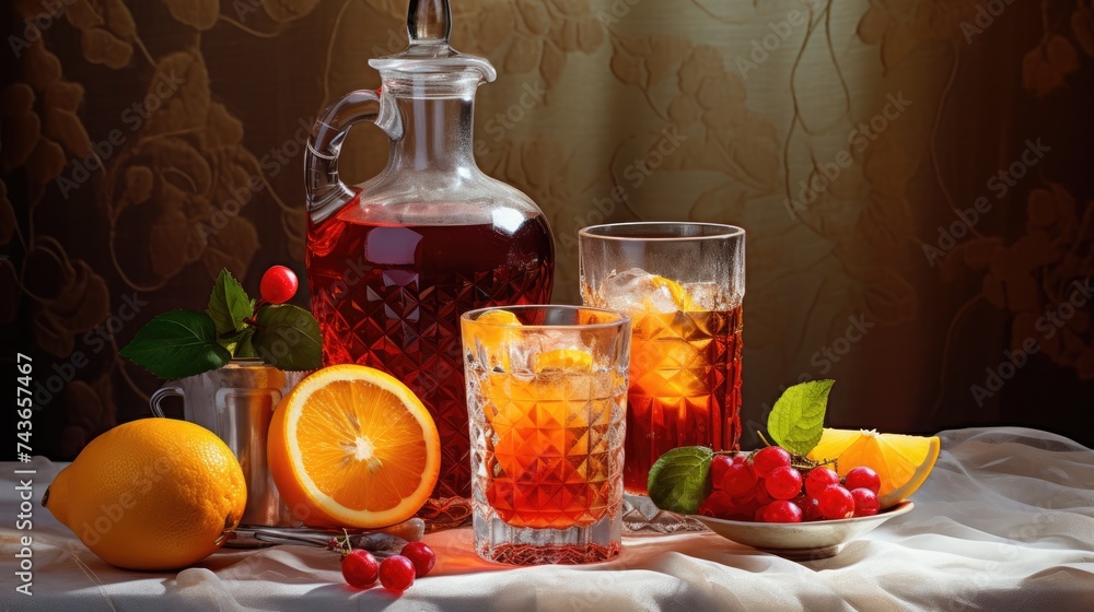 Juice or compote in a glass, jug of various fruits and berries on the table. A refreshing refreshing drink. A healthy organic drink. Proper nutrition and diet. Juice or compote in a glass, jug of various fruits and berries on the table. A refreshing refreshing drink. A healthy organic drink. Proper nutrition and diet.