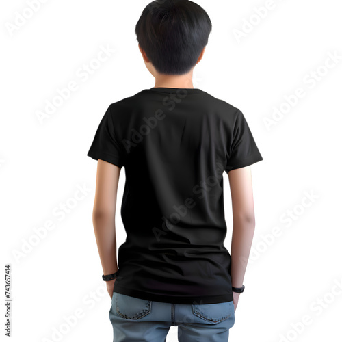 back view of a young man wearing blank black t shirt isolated on white background
