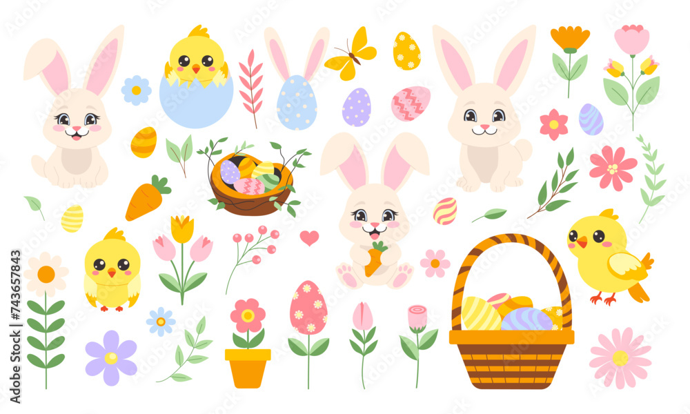 Easter set with bunny, eggs, flowers, basket, nest Easter set with bunny, eggs, flowers, basket, nest