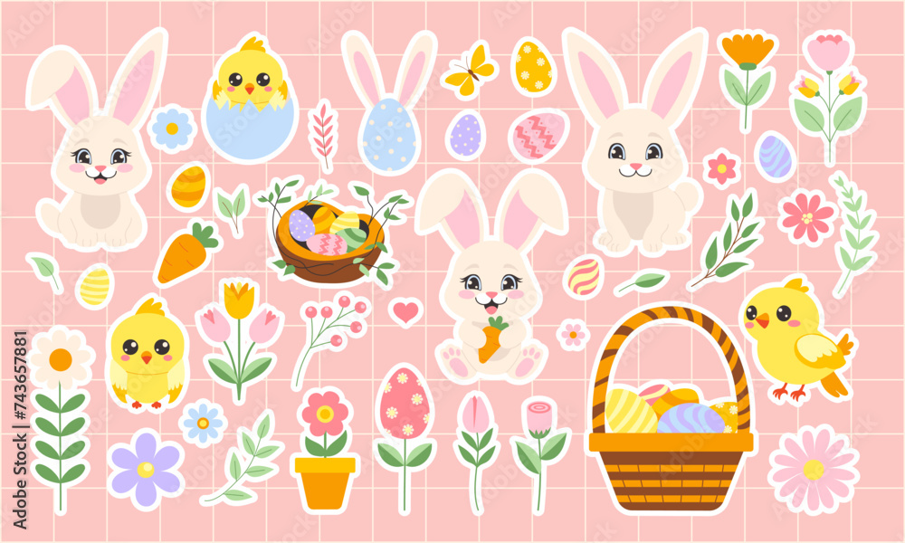 Easter stickers set with bunny, eggs, flowers, basket. Vector illustration Easter stickers set with bunny, eggs, flowers, basket. Vector illustration