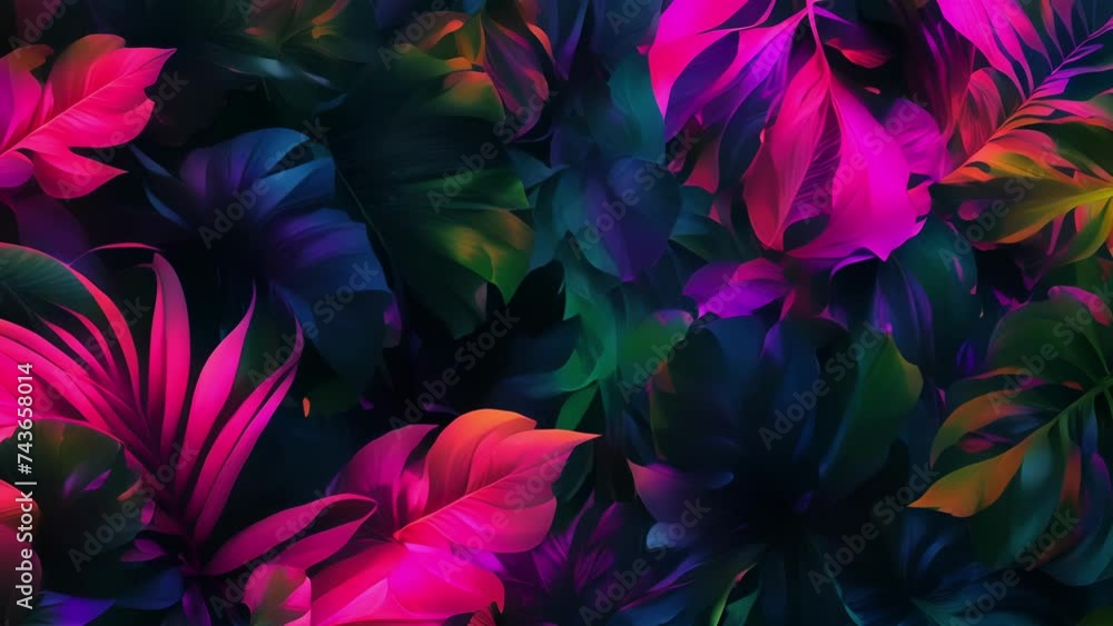 Swirling patterns of vivid pinks blues and greens dance across a background of tropical foliage evoking a sense of endless summer and island adventures. Swirling patterns of vivid pinks blues and greens dance across a background of tropical foliage evoking a sense of endless summer and island adventures.