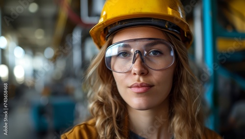 Women worker in factory with hard hat and glasses