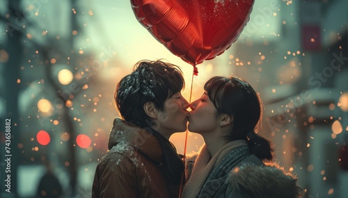 Young couple kisses under a heart balloon