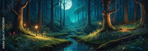 A mystical magical mysterious fairy-tale forest with a huge moon, fireflies, a path and a river