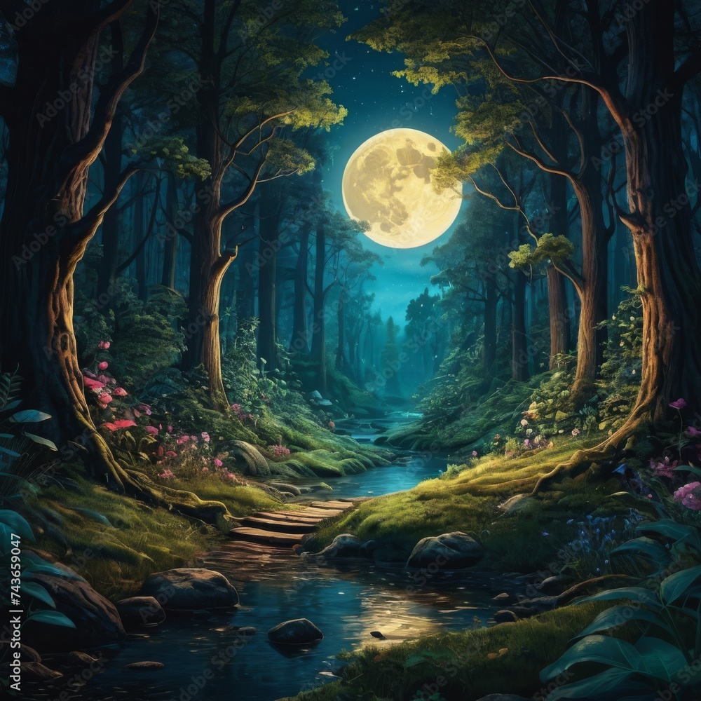 A mystical magical mysterious fairy-tale forest with a huge moon, fireflies, a path and a river