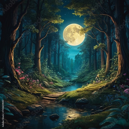 A mystical magical mysterious fairy-tale forest with a huge moon, fireflies, a path and a river