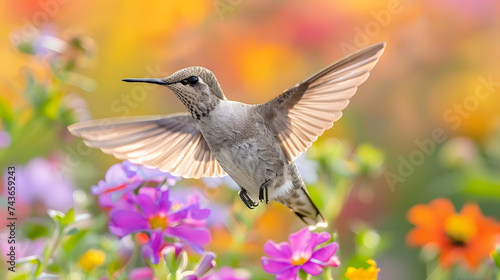 A tiny hummingbird, with colorful flowers as the background, during a sunny day © CanvasPixelDreams