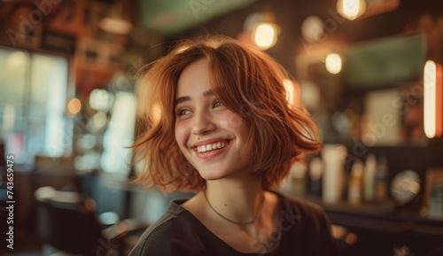 Young woman at hair salon smiling and having her hair cut