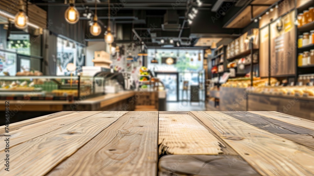 Empty beautiful wood table top counter and blur bokeh modern shop interior background in clean and bright,Banner, Ready for product montage - generative ai