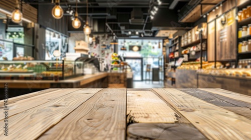 Empty beautiful wood table top counter and blur bokeh modern shop interior background in clean and bright Banner  Ready for product montage - generative ai